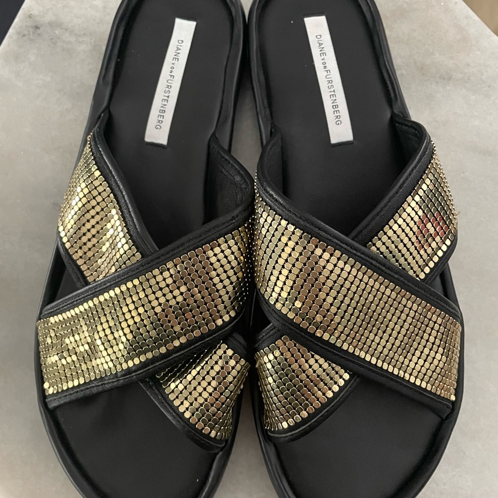 Gold and black sequin slides/sandals